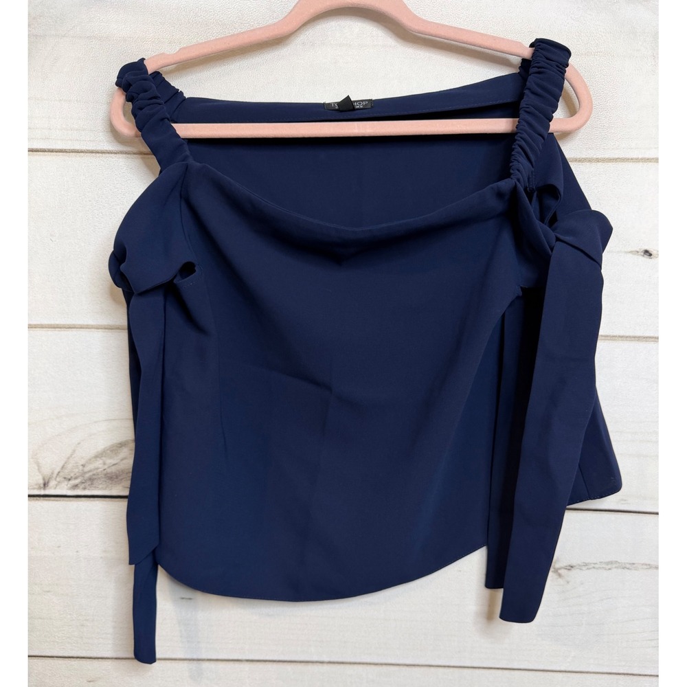 Topshop Navy Blue Off the Shoulder Tie Sleeve Blouse US 8 UK 12 Smocked Neckline